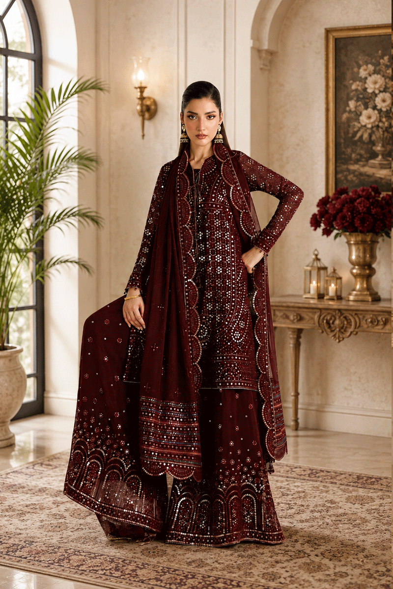Plum Mirror Luminary: Heavy Embroidered Chiffon Suit - Ready To Wear