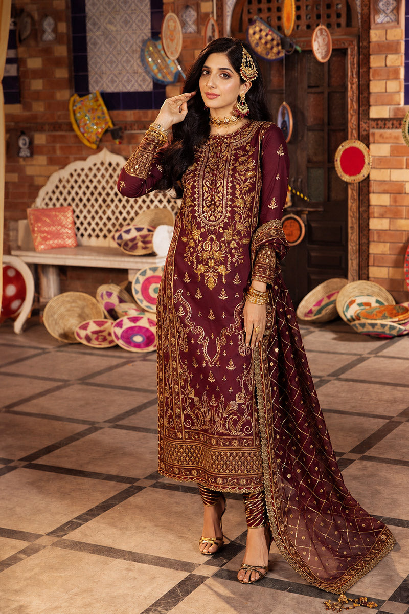 Deep Berry & Metallic Gold: Heavy Embroidered Chiffon Suit - Ready To Wear