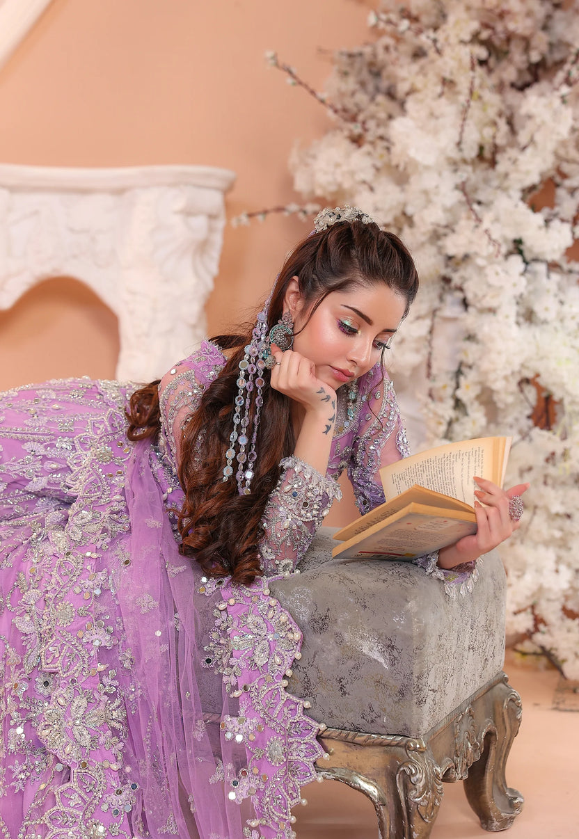 Pastel Lilac & Sparkling Silver: Embroidered Net Bridal Lenge Choli - Ready To Wear