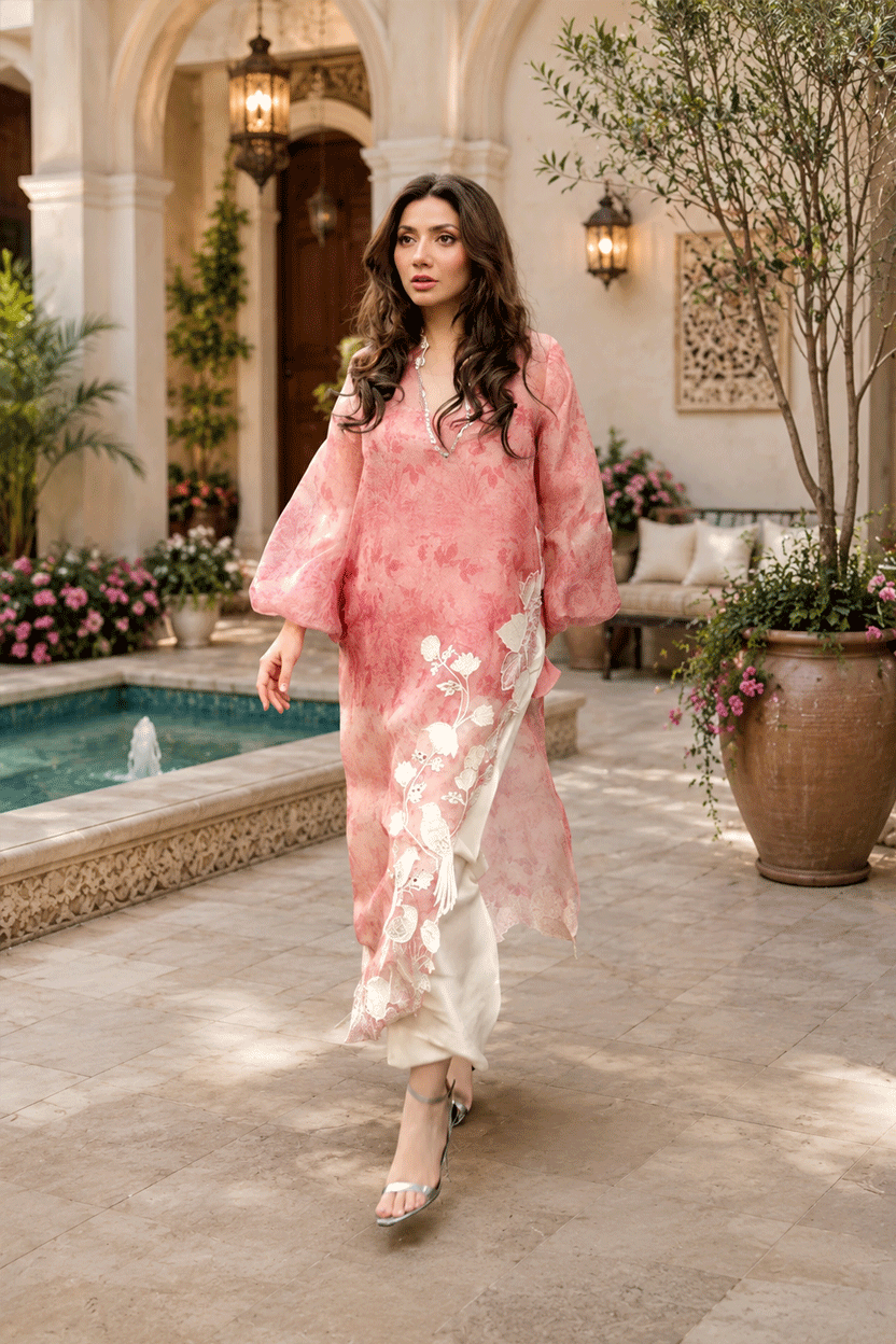 Rose Pink & Ivory: Embroidered Sheesha Silk Suit - Ready To Wear