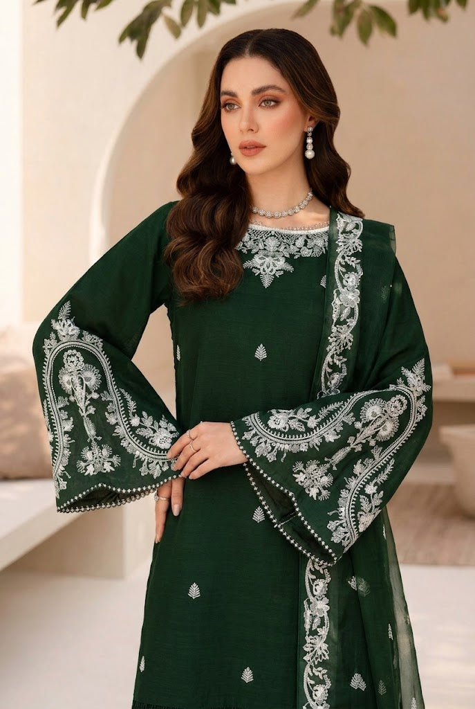 Deep Green: Embroidered Chiffon Suit -  Ready To Wear