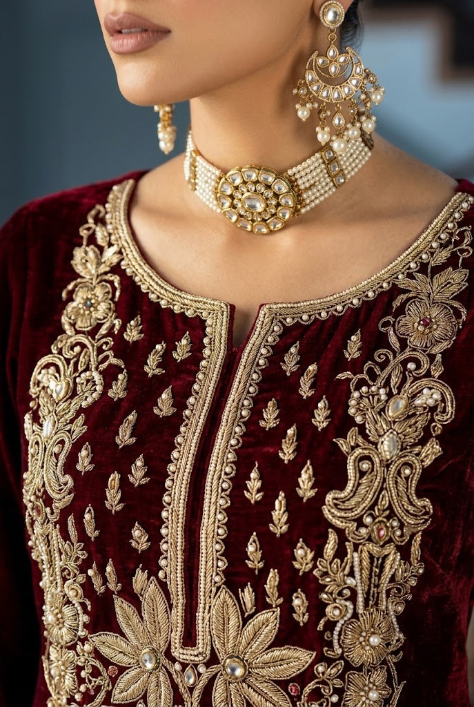 Royal Maroon & Black: Embroidered Velvet 03 Peace Suit -  Ready To Wear