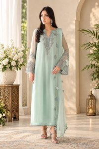 Baroque Seagreen Luxury  Embroidered Ciffion 03 Piece Suit- Ready To Wear