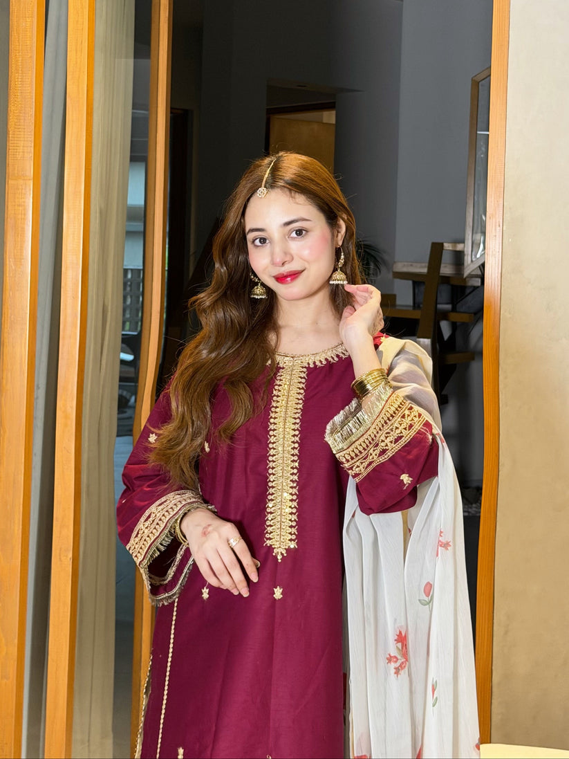 Zara Silk 3 Piece Suit with Silk Dupatta-  Ready To Wear