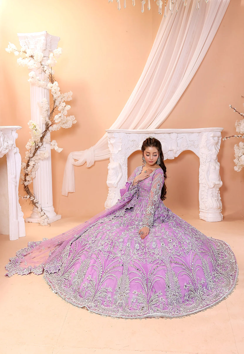 Pastel Lilac & Sparkling Silver: Embroidered Net Bridal Lenge Choli - Ready To Wear
