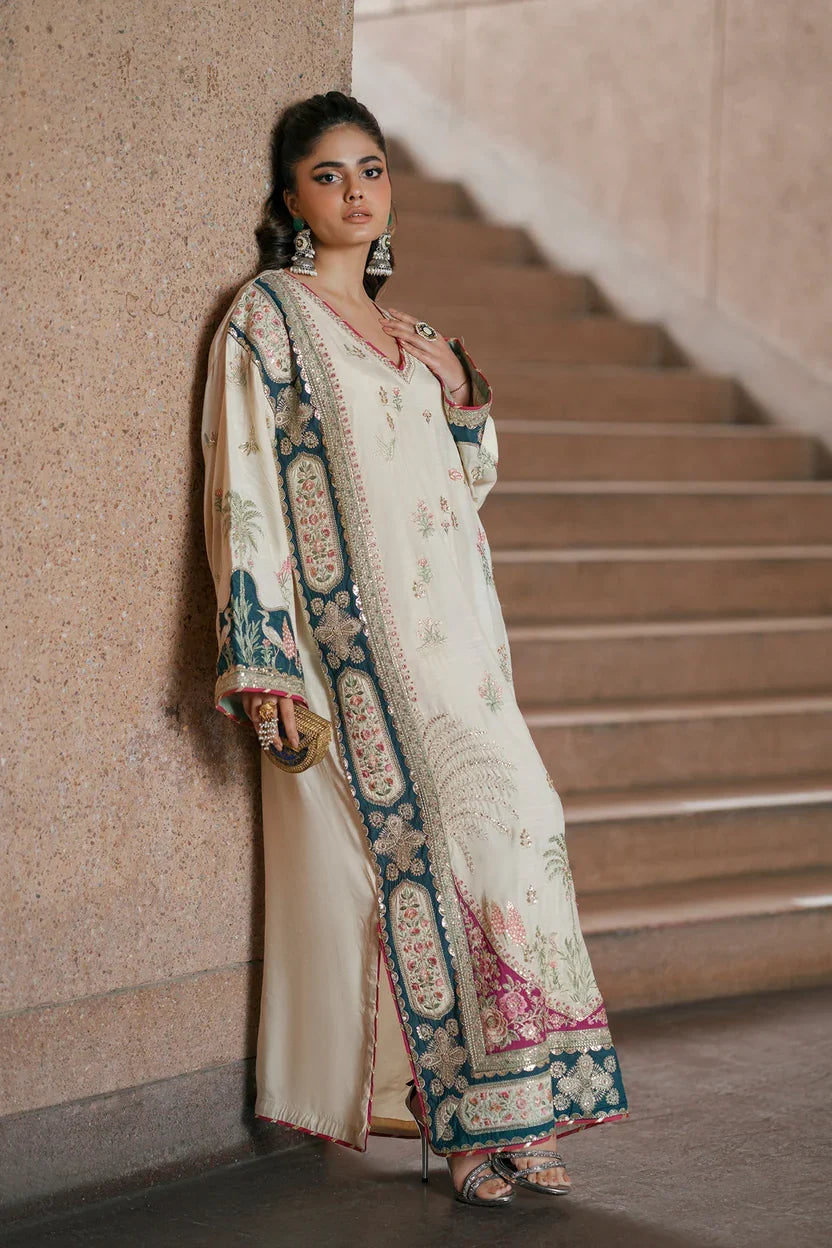 Ivory Oasis: 03 -Piece Botanical Embroidered Silk Kaftan  -  Ready To Wear