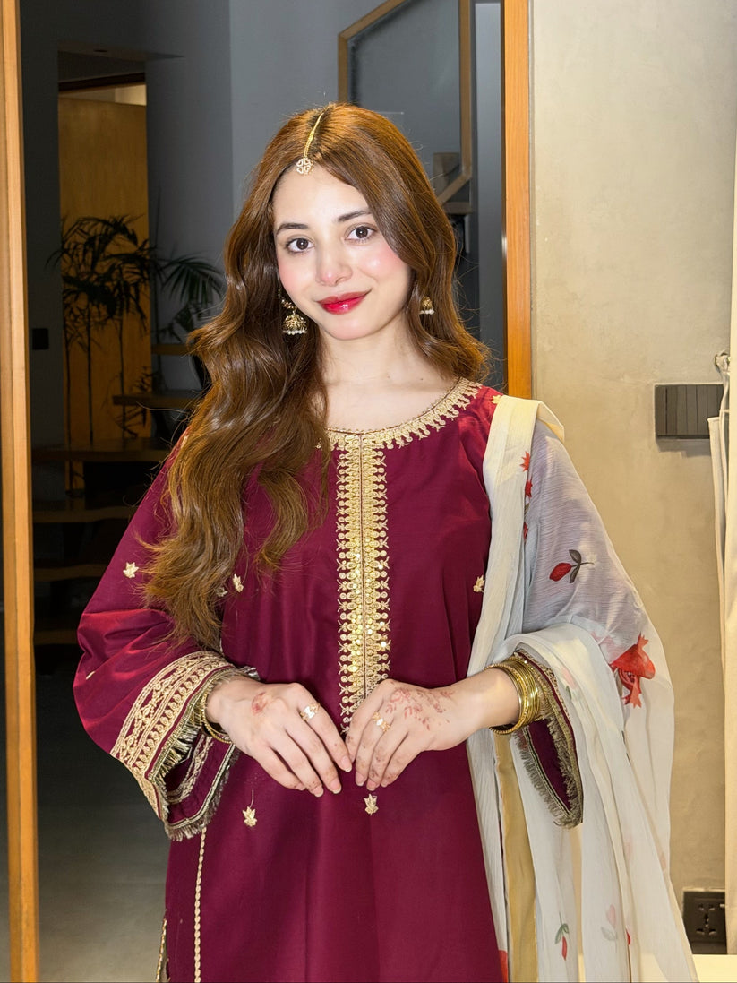 Zara Silk 3 Piece Suit with Silk Dupatta-  Ready To Wear