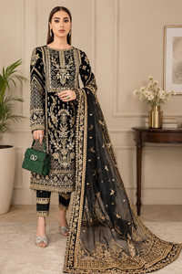 Noir Black & Gold Accent: Heavy Embroidered Velvet Suit - Ready To Wear