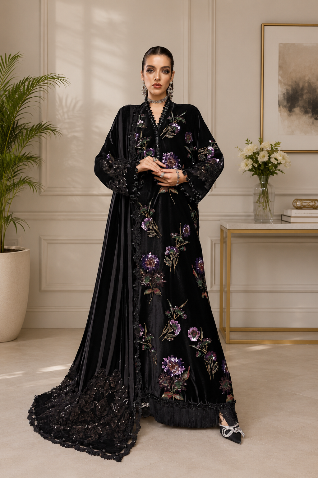 Midnight Black & Magenta Floral: Embroidered Velvet Suit - Ready To Wear