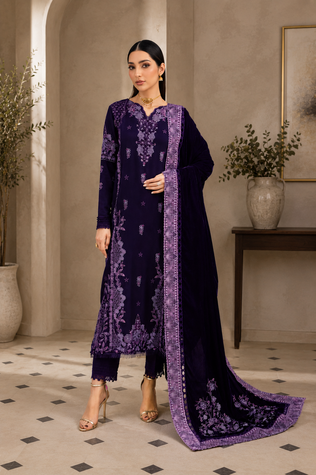 Deep Purple & Lilac: Velvet Embroidered Suit - Ready To Wear