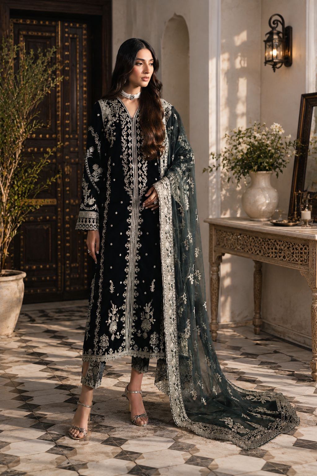 Jet Black & Silver Embroidered Velvet Suit - Ready To Wear