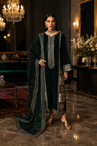Bottle Green: Velvet Kurta Set with Gold Bordered Chiffon Dupatta - Ready To Wear