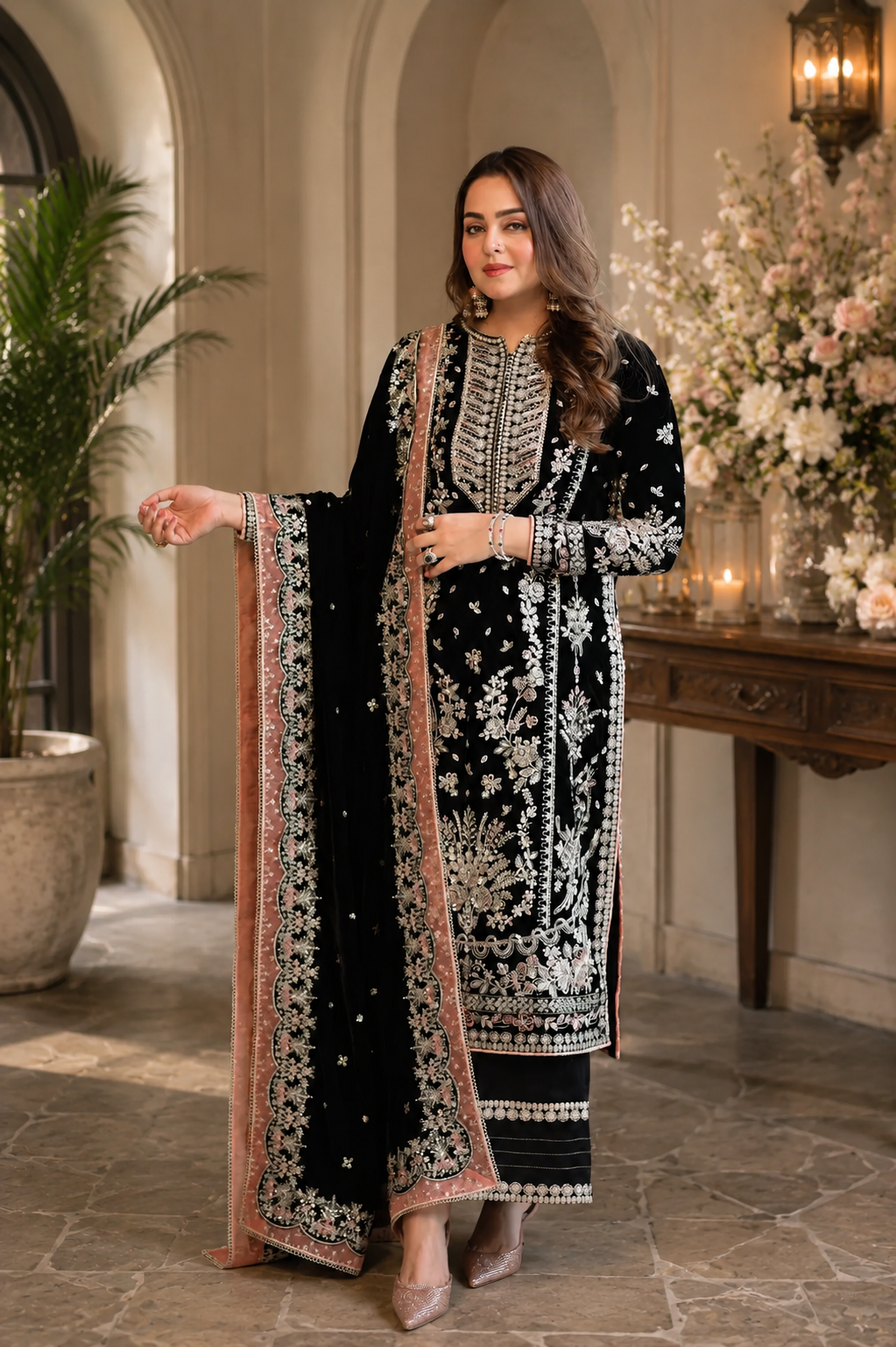 Noir Black & Silver Accent : Heavy Embroidered Velvet Suit With Chiffon Dupatta - Ready To Wear