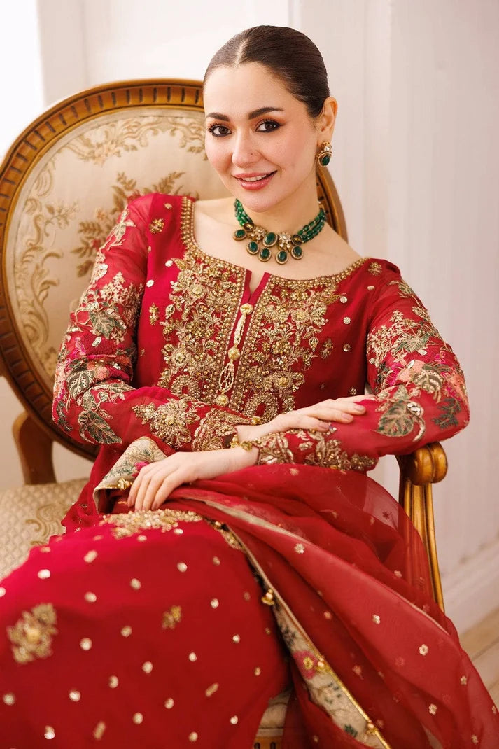 Bridal Red: Embroidered Chiffon Suit With Organza Dupatta -  Ready To Wear