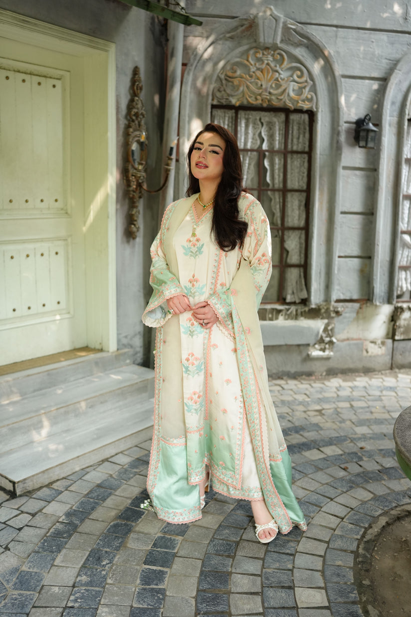 Aneelas Shamoz Silk Embroidered Organza Duppata 03 Piece Suit- Ready To Wear