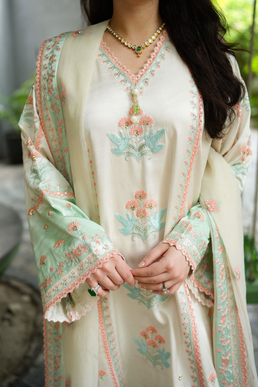Aneelas Shamoz Silk Embroidered Organza Duppata 03 Piece Suit- Ready To Wear