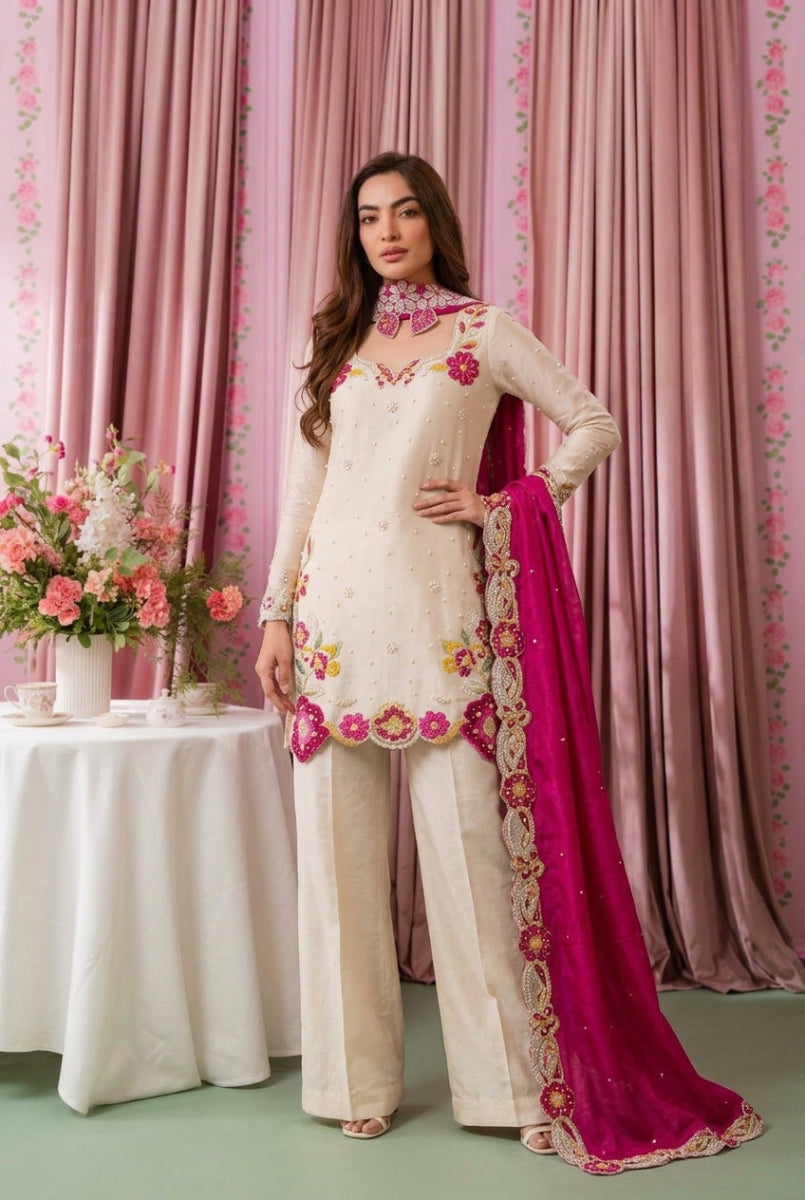 Multi Floral Luxury Shamoz Silk 03-Piece Suit - Ready To Wear