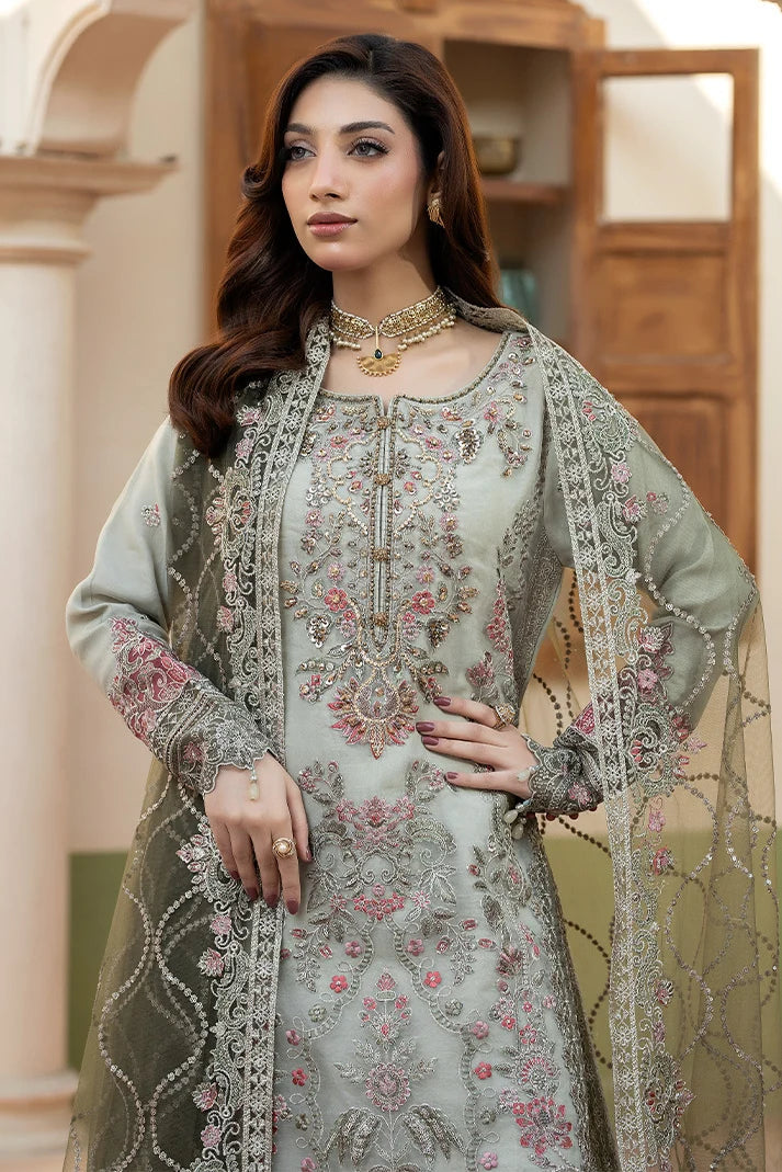 Mint Grey & Mauve Pink: Embroidered Organza Suit - Ready To Wear