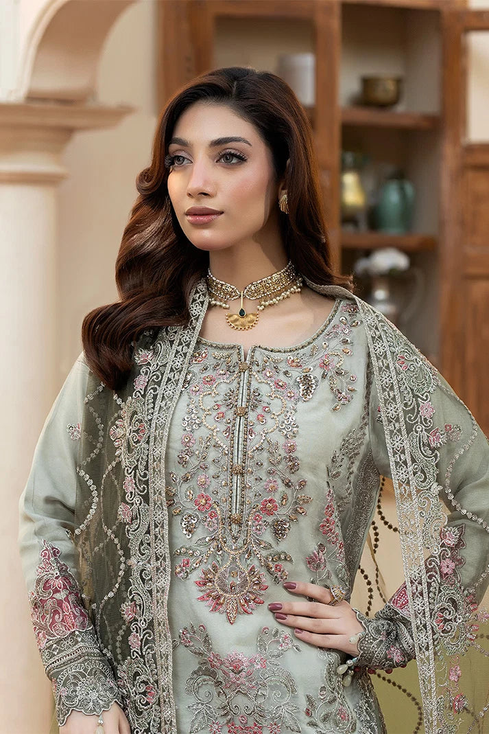 Mint Grey & Mauve Pink: Embroidered Organza Suit - Ready To Wear