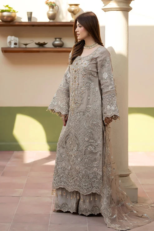 Mushroom Grey: Heavy Embroidered Organza Suit  -  Ready To Wear