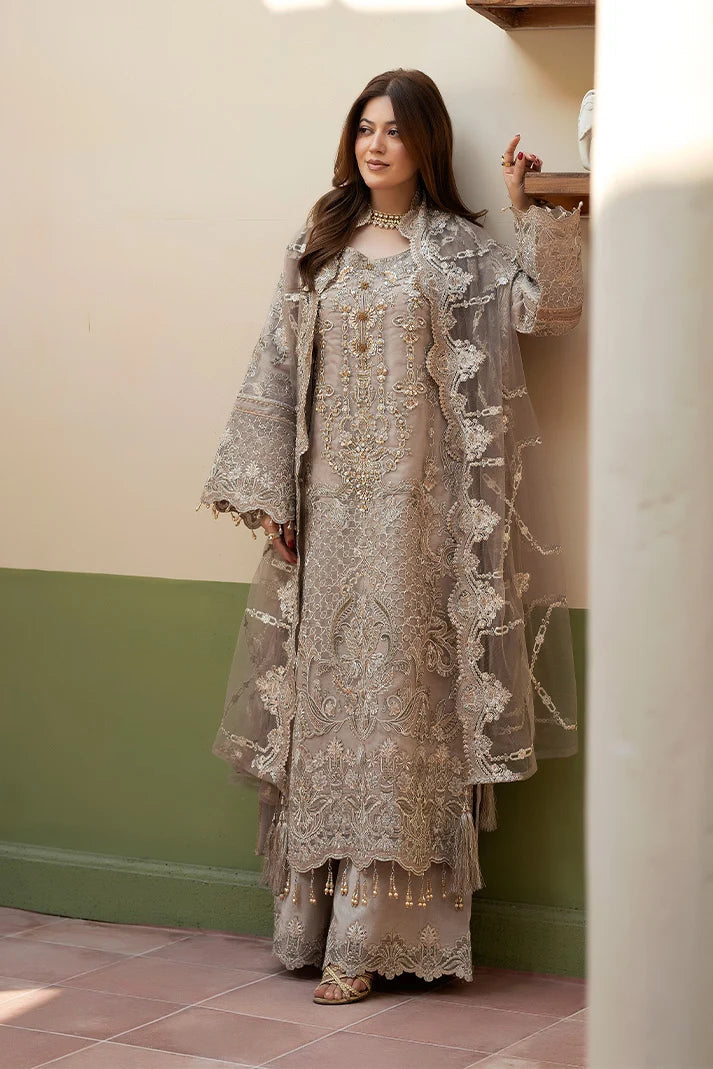 Mushroom Grey: Heavy Embroidered Organza Suit  -  Ready To Wear