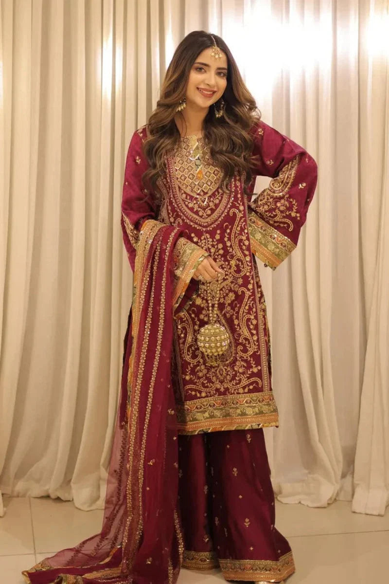 03-Piece Embroidered Silk Suit With Net Dupatta | Ready To Wear