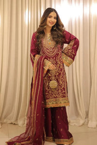 03-Piece Embroidered Silk Suit With Net Dupatta | Ready To Wear