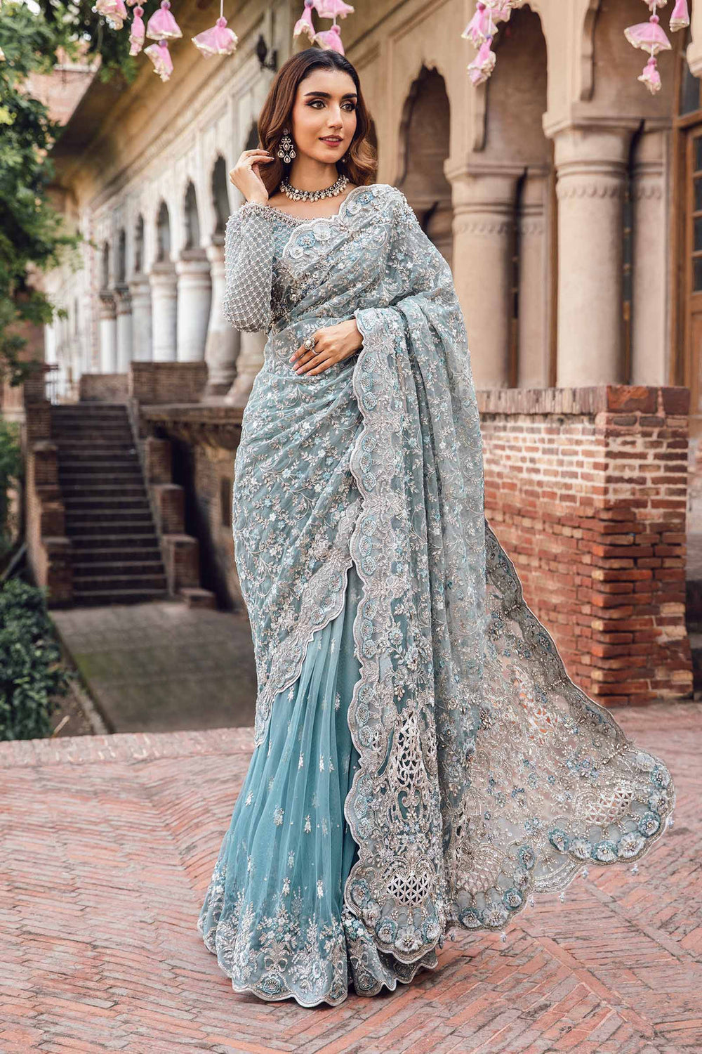 Ice Blue - Net Saree With Heavy Embroidery | Ready To Wear