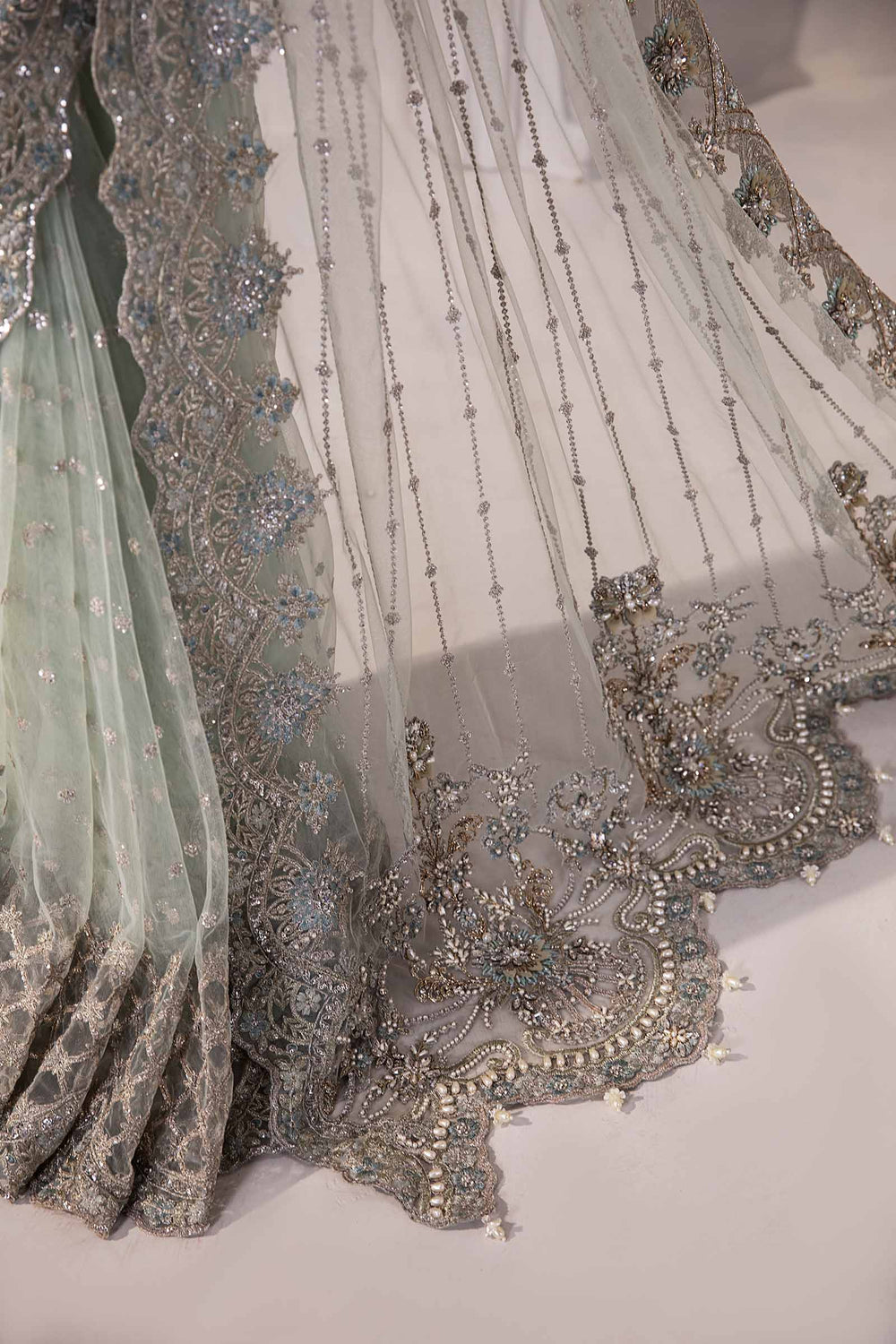 Grey - Embroidered Net Saree | Ready To Wear