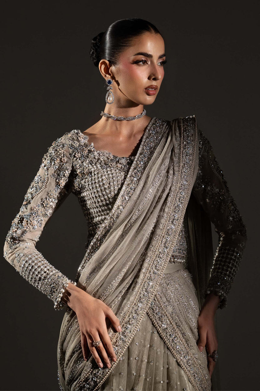 03-Piece Heavy Embroidered Chiffon Saree  -  Ready To Wear