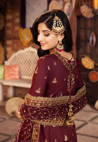Deep Berry & Metallic Gold: Heavy Embroidered Chiffon Suit - Ready To Wear