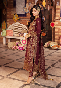 Deep Berry & Metallic Gold: Heavy Embroidered Chiffon Suit - Ready To Wear