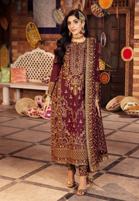 Deep Berry & Metallic Gold: Heavy Embroidered Chiffon Suit - Ready To Wear