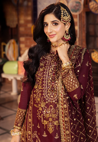 Deep Berry & Metallic Gold: Heavy Embroidered Chiffon Suit - Ready To Wear