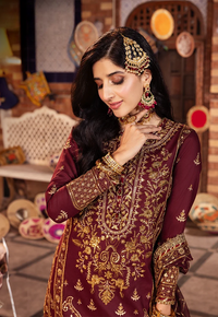 Deep Berry & Metallic Gold: Heavy Embroidered Chiffon Suit - Ready To Wear