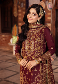 Deep Berry & Metallic Gold: Heavy Embroidered Chiffon Suit - Ready To Wear