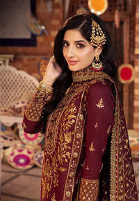Deep Berry & Metallic Gold: Heavy Embroidered Chiffon Suit - Ready To Wear