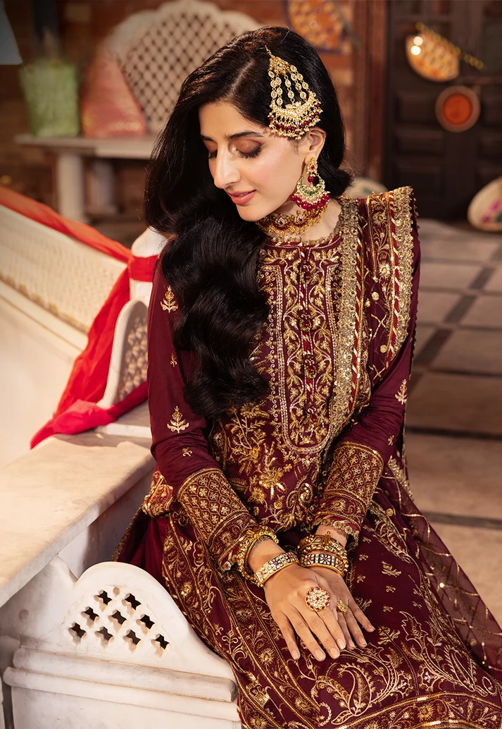 Deep Berry & Metallic Gold: Heavy Embroidered Chiffon Suit - Ready To Wear