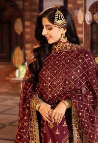 Deep Berry & Metallic Gold: Heavy Embroidered Chiffon Suit - Ready To Wear