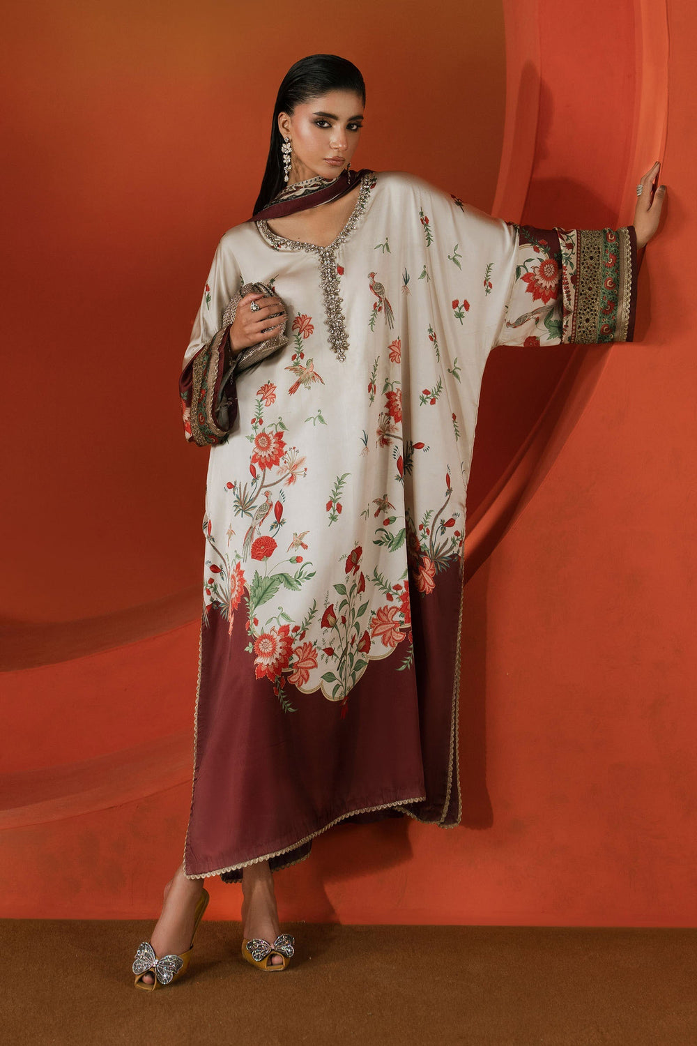Maria B Luxury Heavy Embroidered Silk Kaftan  03 Peace Suit - Ready To Wear