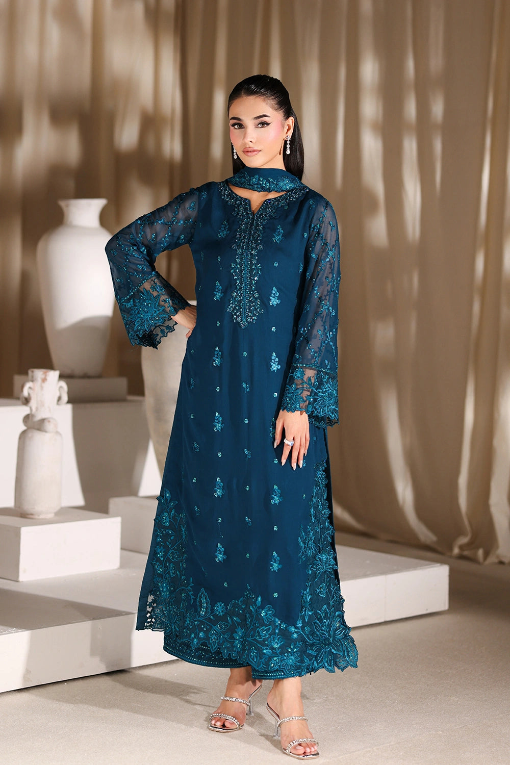 Azure Luxury Chiffon Embroidered 3 Pcs  Suit -  Majestic Teal Ready To Wear