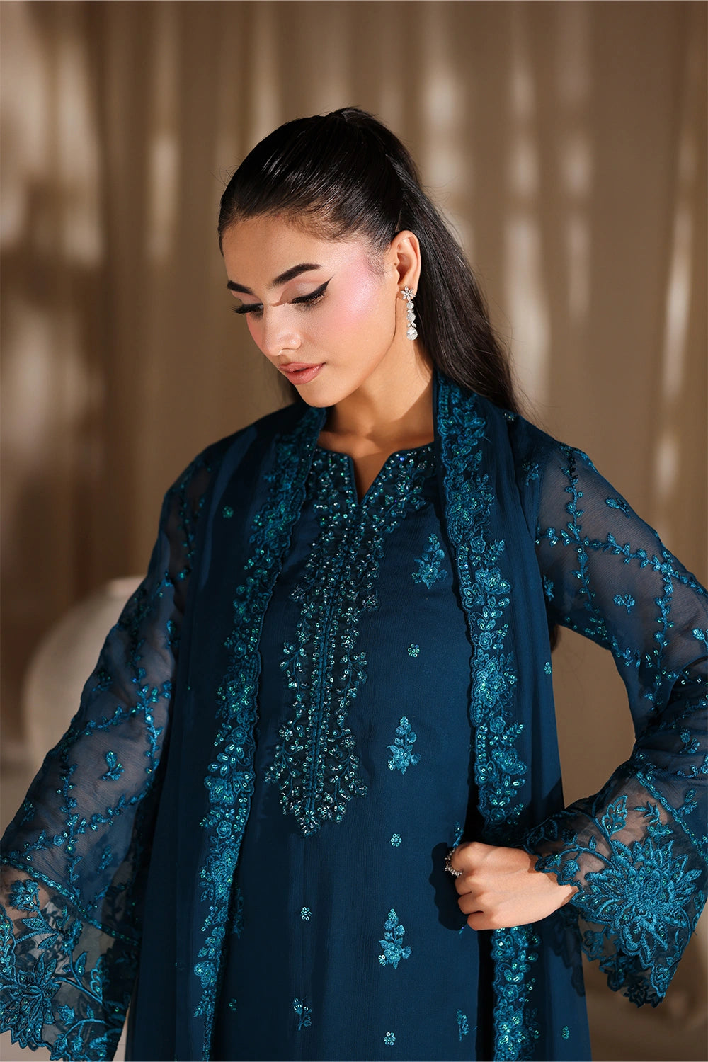 Azure Luxury Chiffon Embroidered 3 Pcs  Suit -  Majestic Teal Ready To Wear