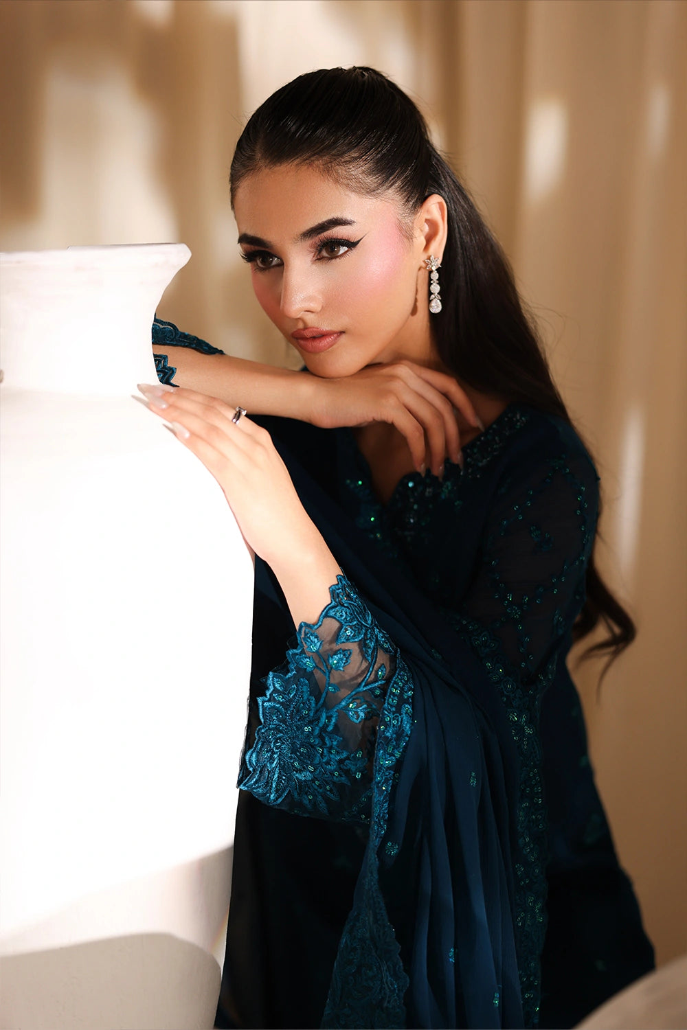 Azure Luxury Chiffon Embroidered 3 Pcs  Suit -  Majestic Teal Ready To Wear