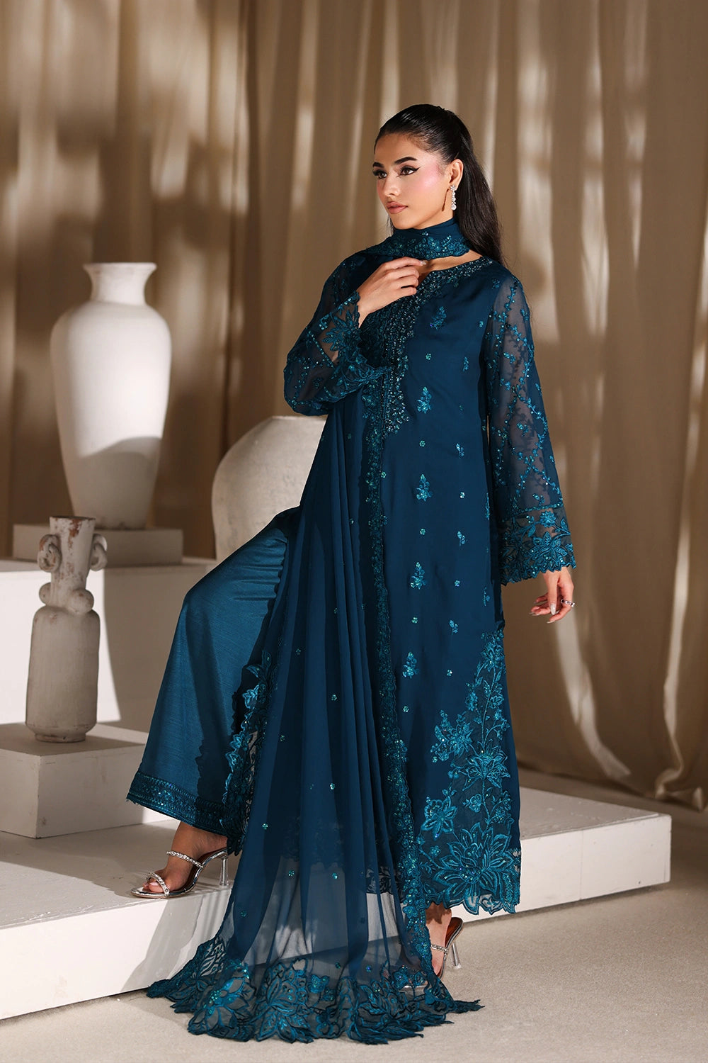 Azure Luxury Chiffon Embroidered 3 Pcs  Suit -  Majestic Teal Ready To Wear