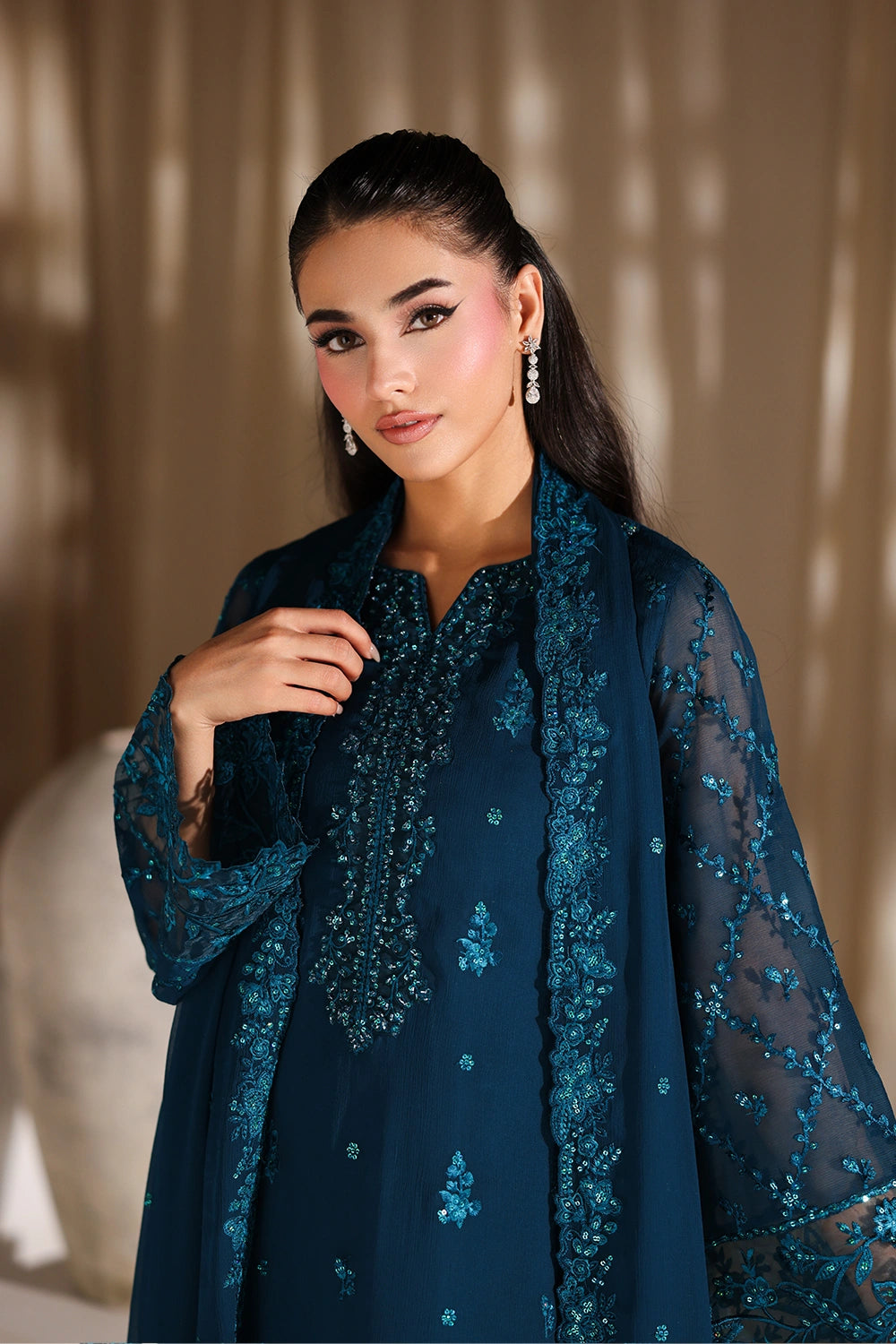 Azure Luxury Chiffon Embroidered 3 Pcs  Suit -  Majestic Teal Ready To Wear