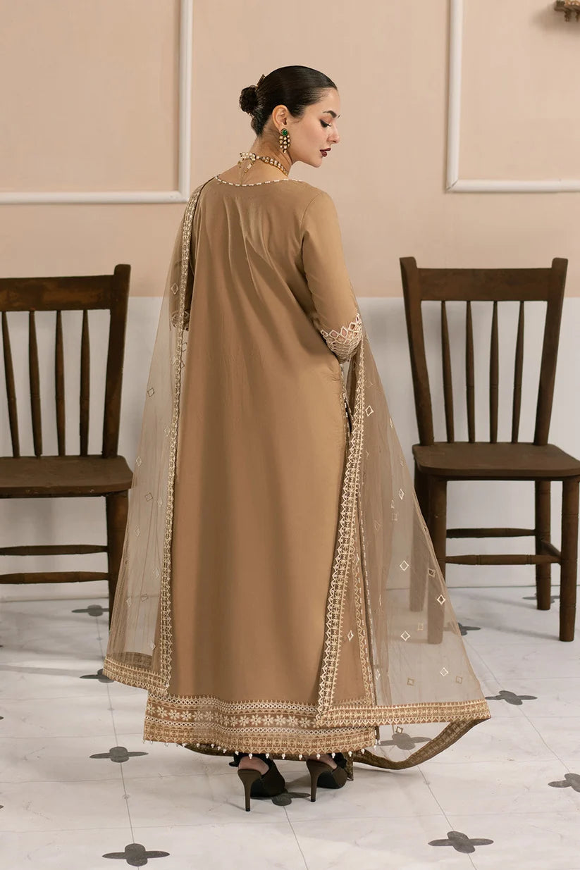 Mocha Brown: Heavy Embroidered Cotton Suit With Net Dupatta - Ready To Wear