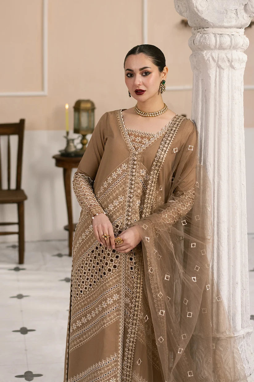Mocha Brown: Heavy Embroidered Cotton Suit With Net Dupatta - Ready To Wear