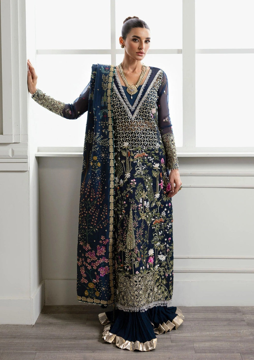 Midnight Navy & Gold : Embroidered Organza Long Shirt -  Ready To Wear