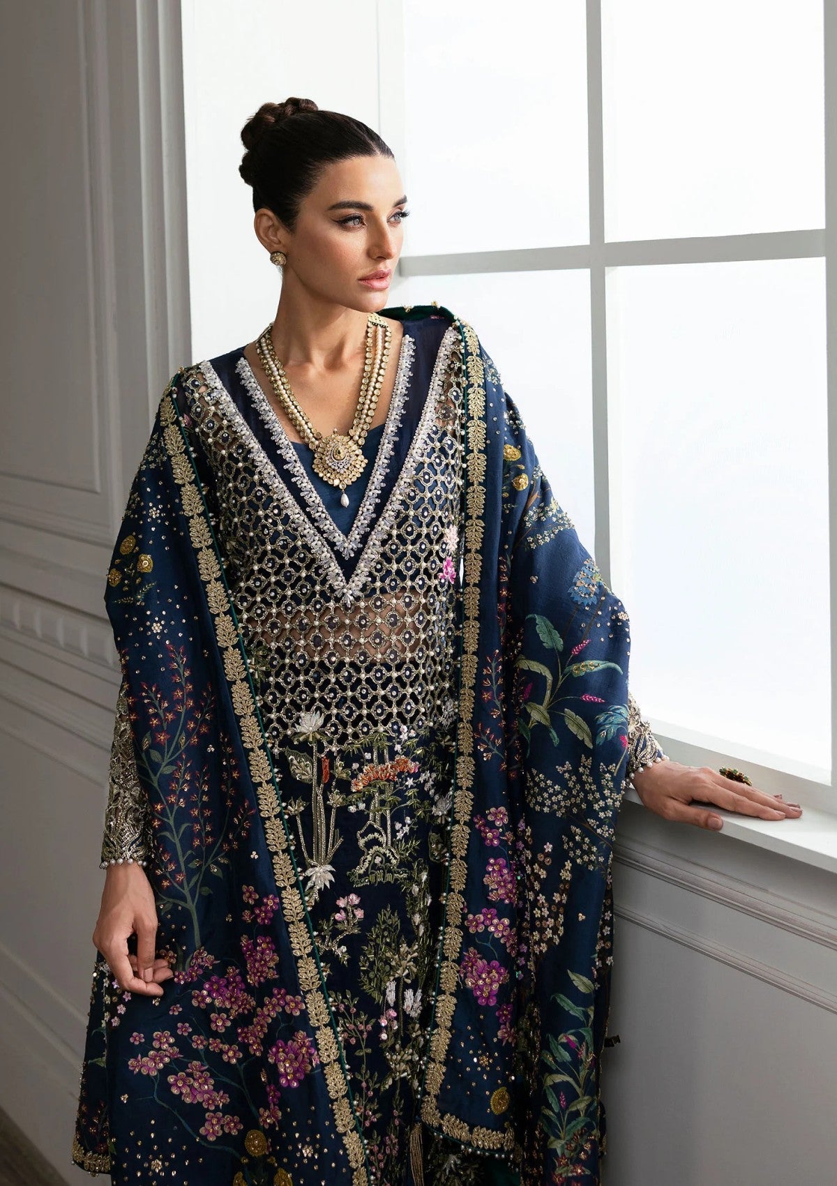 Midnight Navy & Gold : Embroidered Organza Long Shirt -  Ready To Wear