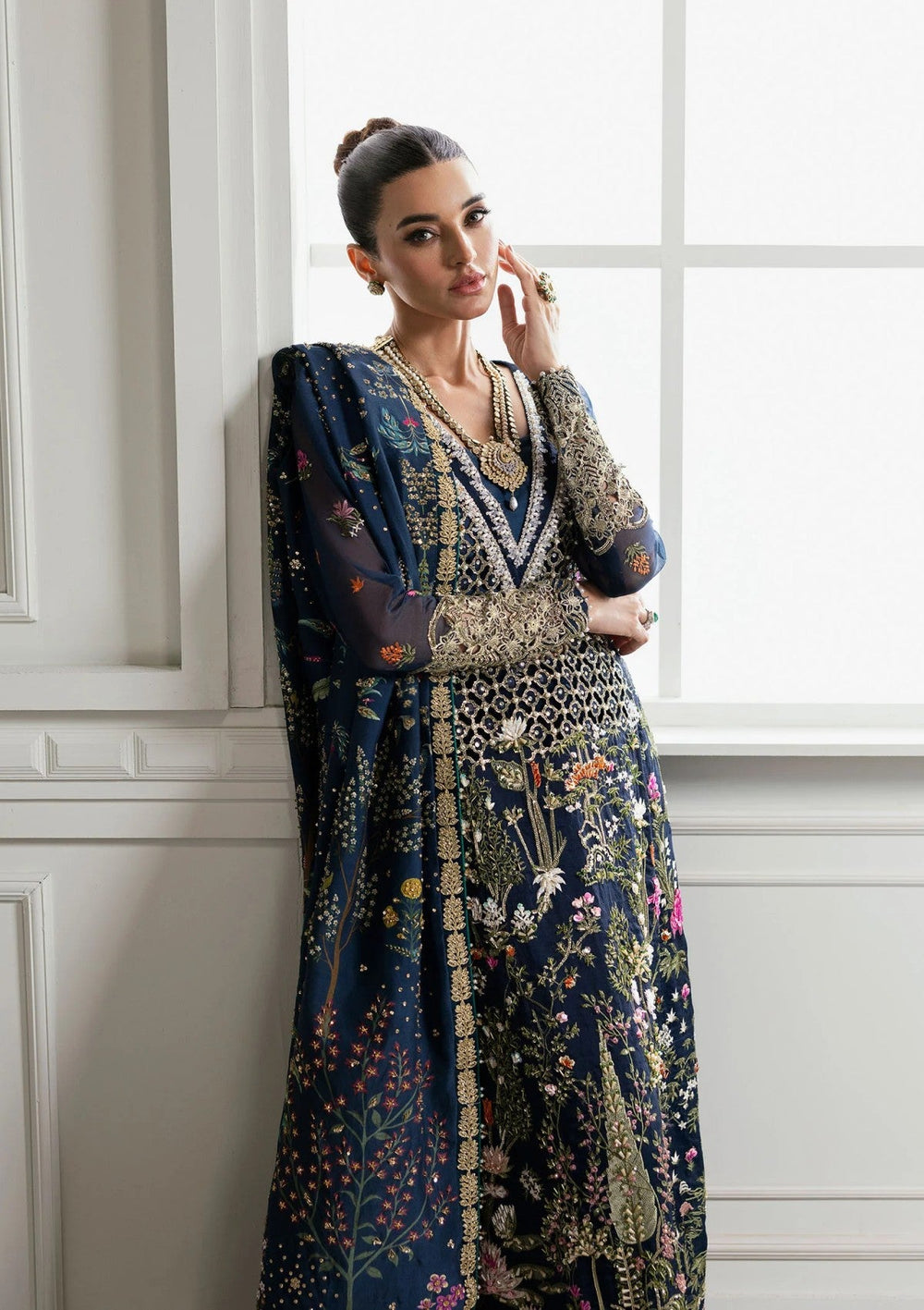 Midnight Navy & Gold : Embroidered Organza Long Shirt -  Ready To Wear